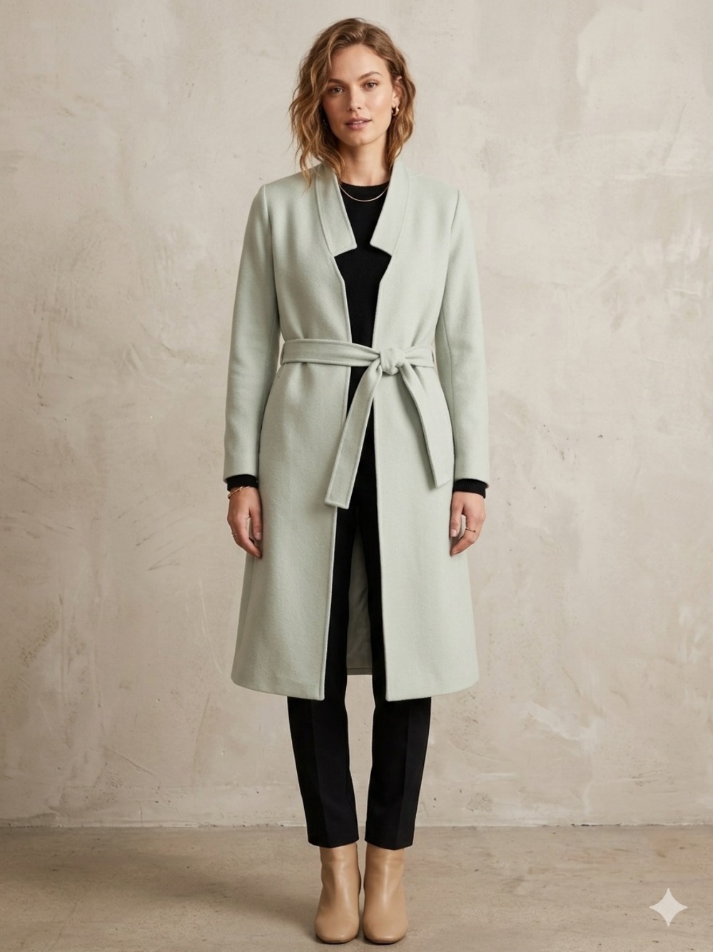 Halston Heritage Sage Green Wool Blend Belted Wrap Long Coat  - Size Medium